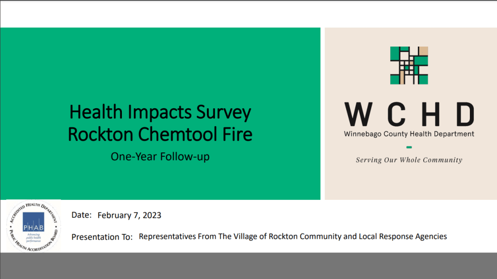 Presentation slide cover for One year follow up of Rockton Chemtool Fire Health Impacts Survey