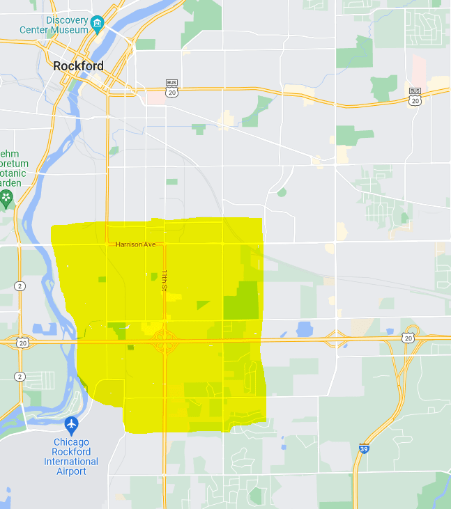 Image of a map highlighting a portion of southeast rockford.