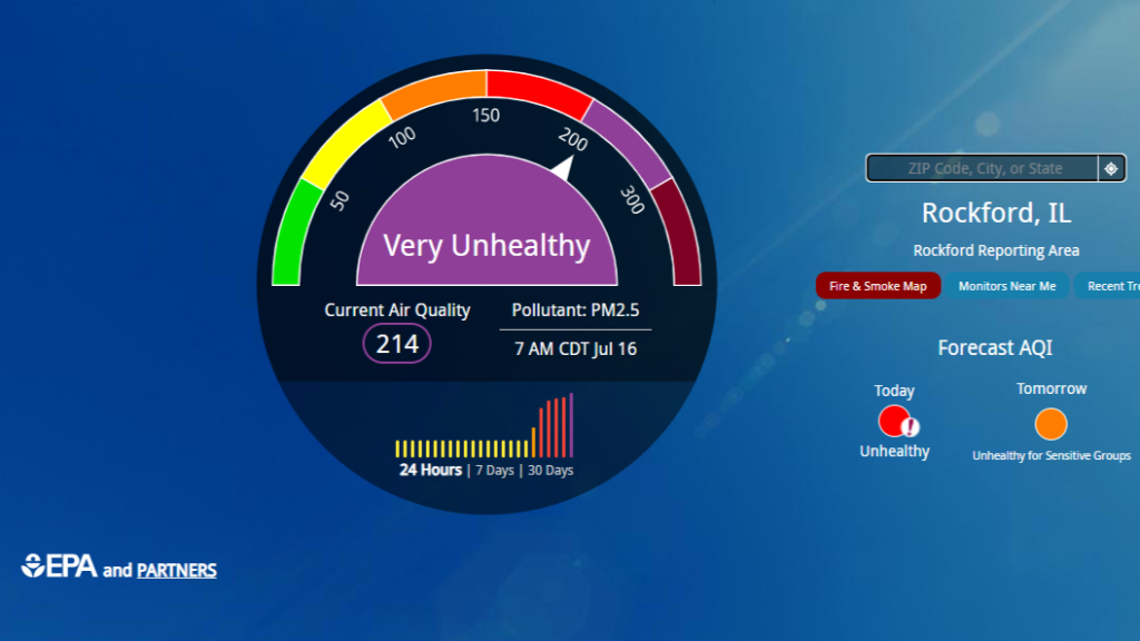 A.Q.I. from July 16, 2026 indicating that air quality in Rockford is very unhealthy