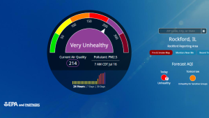 A.Q.I. from July 16, 2026 indicating that air quality in Rockford is very unhealthy