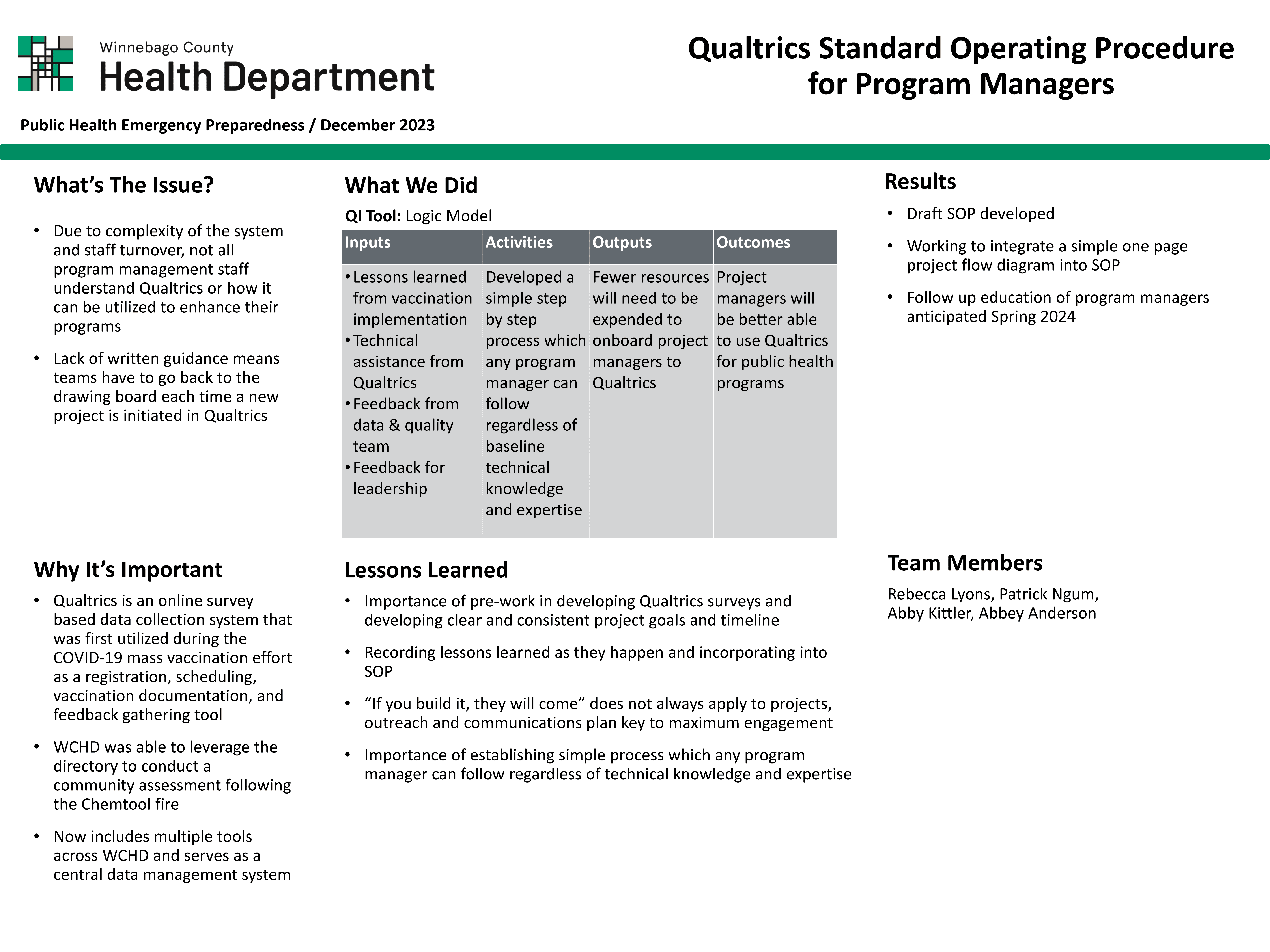 Emergency Preparedness Qualtrics Quality Improvement Plan 2023 summary
