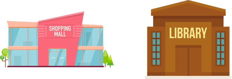 Illustrated shopping mall and library