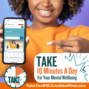 download the take ten 815 image that reads: take ten minutes a day for your mental wellbeing. Image includes a smiling woman pointing at his phone screen with take ten 815 pulled up on the screen