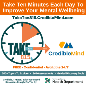download the take ten 815 image that reads: take ten minutes each day to improve your mental wellbeing. Free, Confidential, Available 24/7.