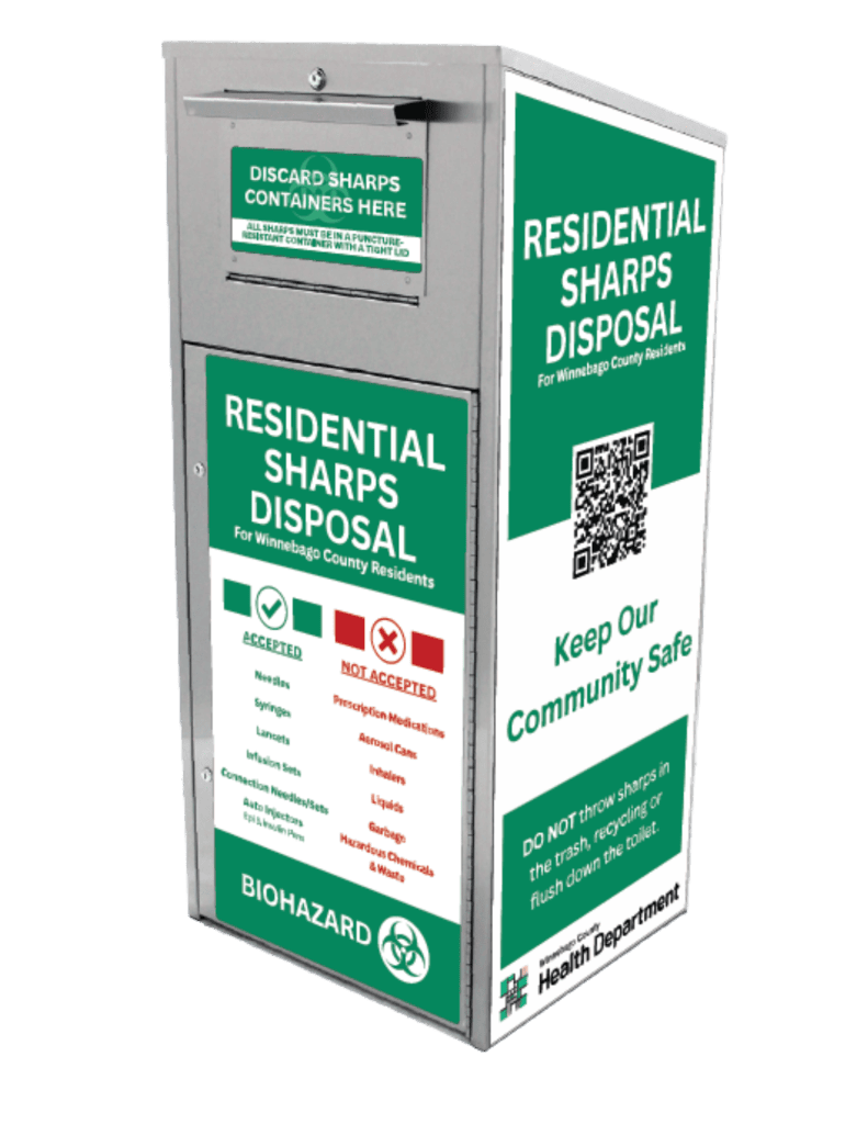 Residential Sharps Disposal Box for Winnebago County Residents to discard sharp containers and keep them our of the trash, recycling, and sewer.