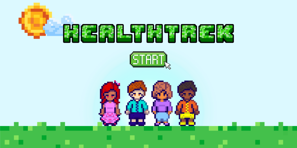 Videogame style image of friends outside with a "start" button. The game is titled "HealthTrek"