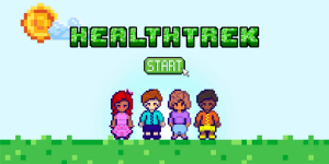 Videogame style image of friends outside with a "start" button. The game is titled "HealthTrek"